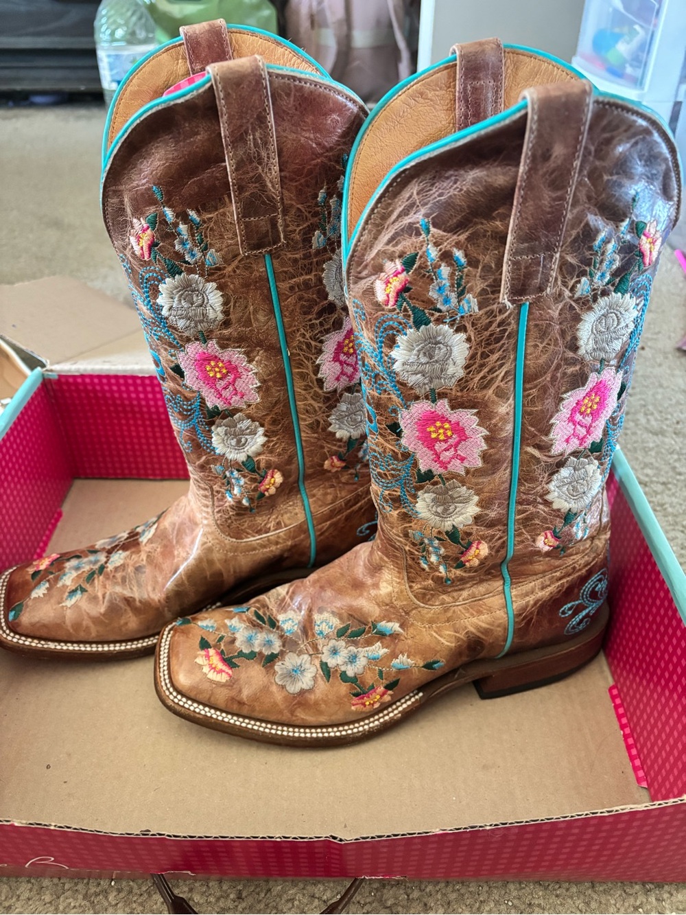Macie Bean Brown Leather Embroidered Western Boots with Turquoise Trim